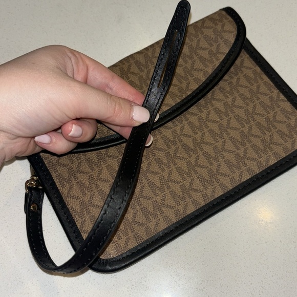 Michael Kors Brown Leather Canvas Logo with Dark Trim Thin Pouch - Picture 6 of 7